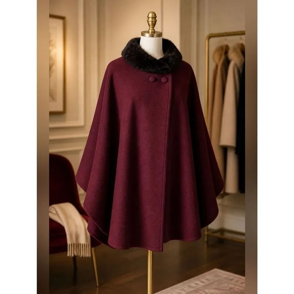 MAROON LIZ CLAIBORNE CAPE WITH BLACK FAUX FUR COLAR OS